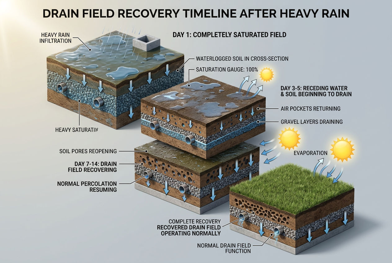3D timeline showing drain field recovery from saturated to fully functional over 1-14 days after heavy rain