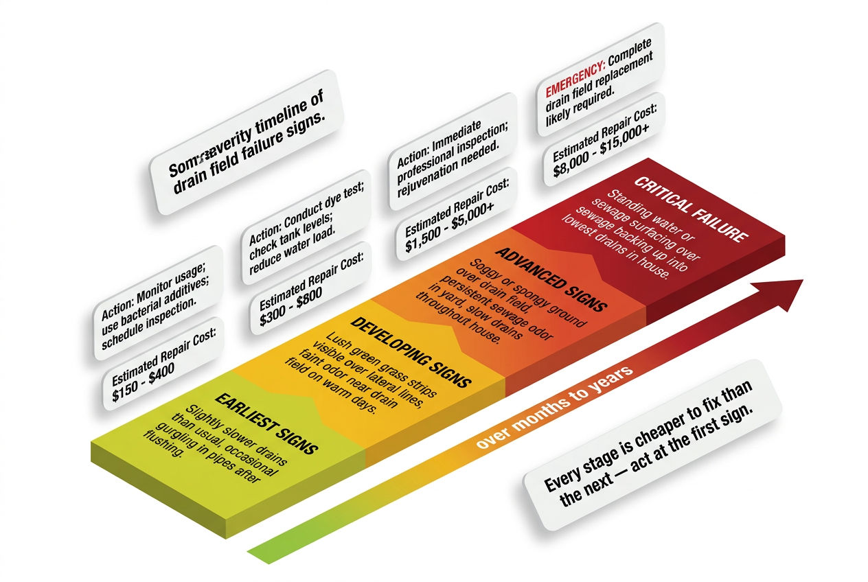 3D severity timeline showing drain field failure signs from earliest slow drains to critical sewage surfacing