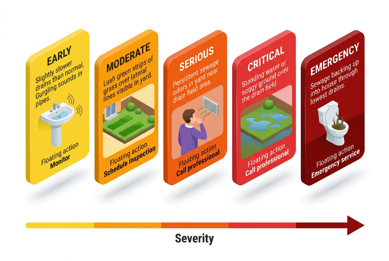 3D severity-ordered warning signs of drain field failure from early slow drains to emergency sewage backup