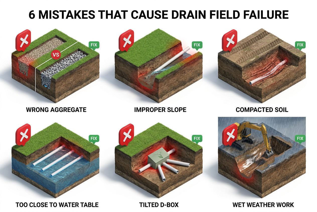 Six 3D panels showing common drain field installation mistakes including wrong gravel, improper slope, and soil compaction