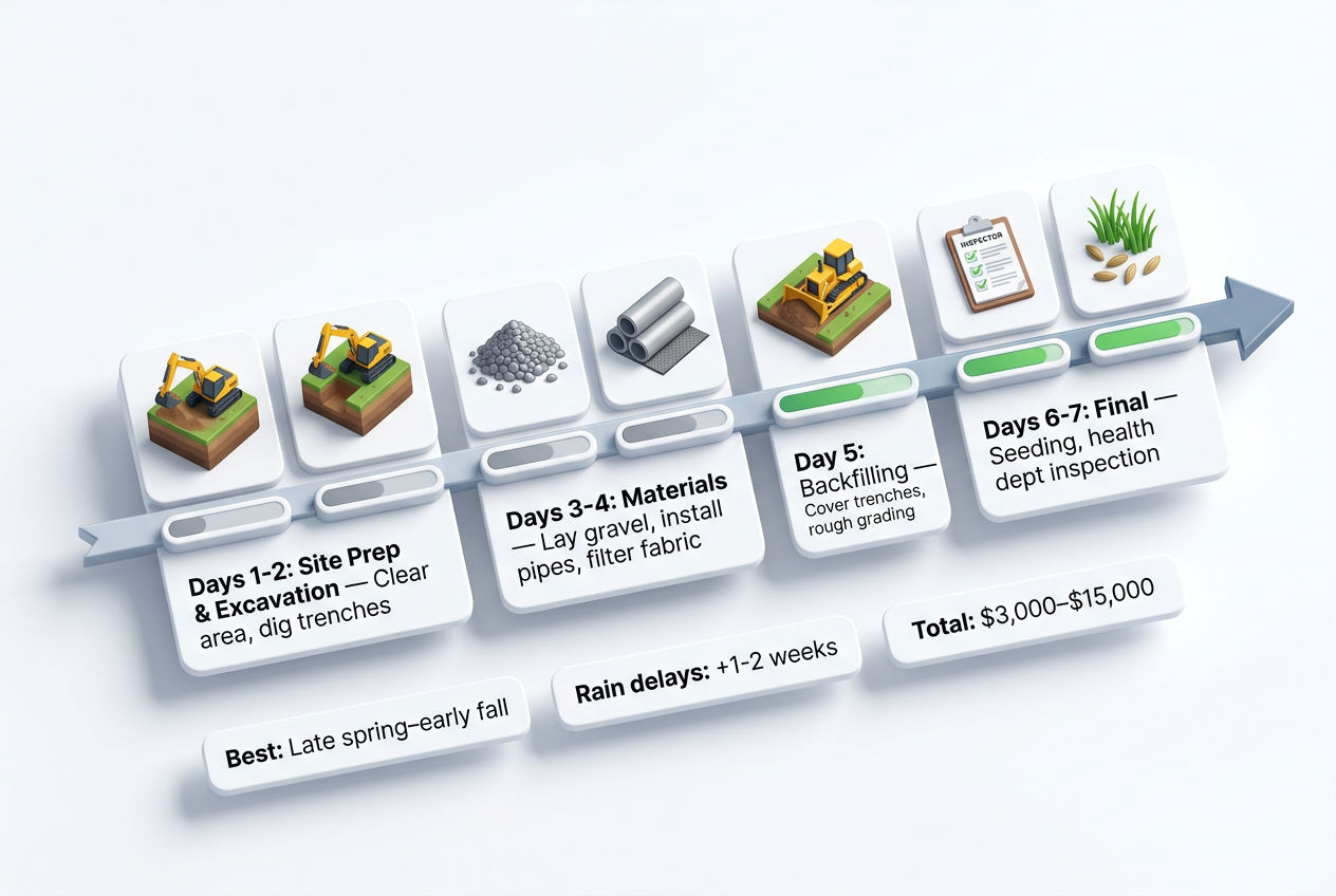 3D day-by-day timeline showing drain field installation process from excavation through inspection