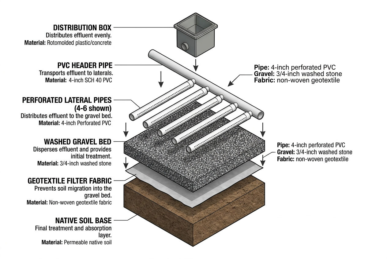 3D exploded view showing all drain field components separated and labeled including pipes, gravel, and fabric