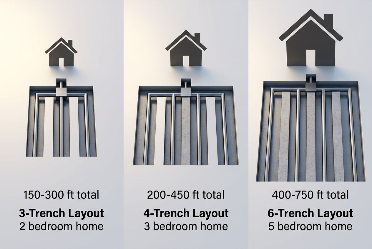 Three residential drain field layouts compared by household size from 2-bedroom compact to 5-bedroom extensive trench configuration