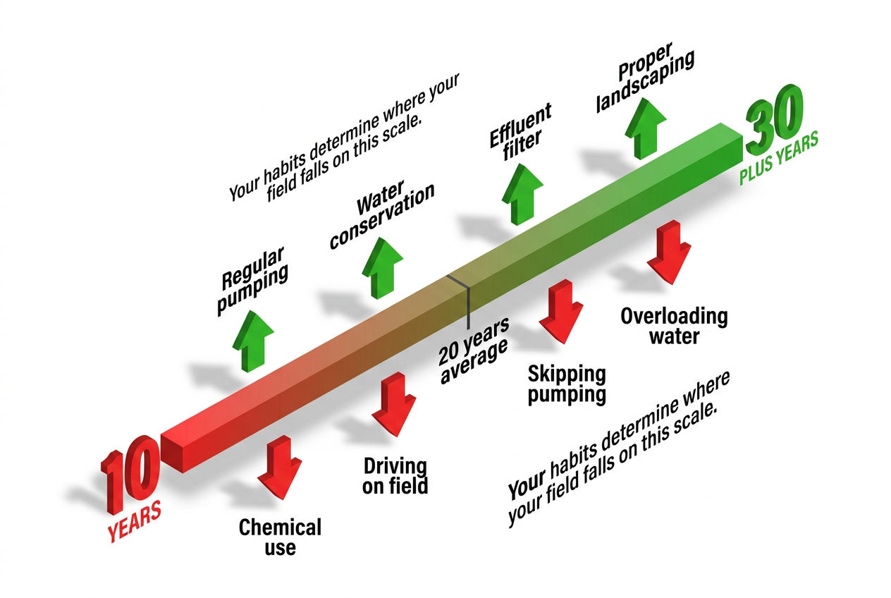 3D gauge showing drain field lifespan from 10 to 30 plus years with factors that shorten or extend life