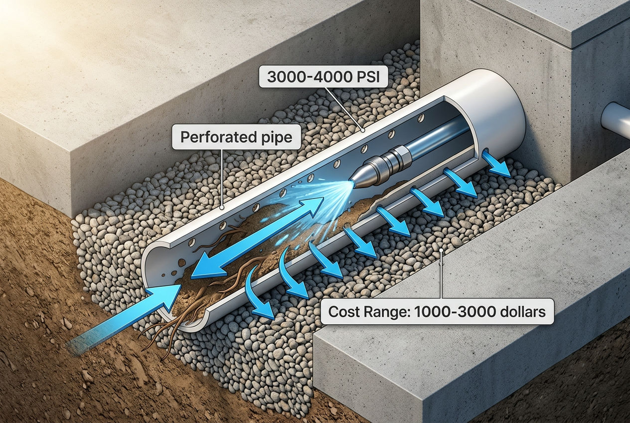 Cross-section of drain field pipe jetting repair showing high-pressure water clearing clogs from perforated PVC pipe