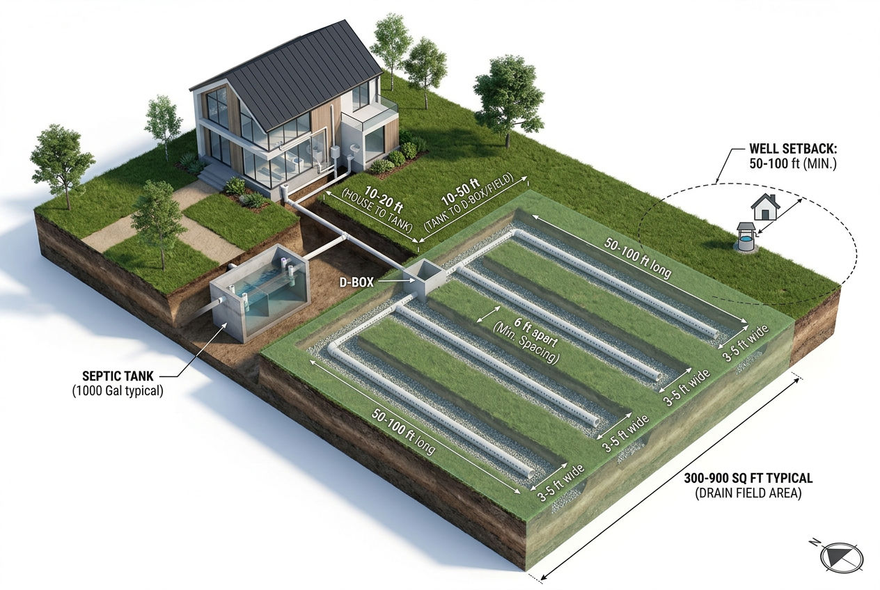 3D aerial view of drain field pipe layout showing distribution box, parallel lateral lines, spacing, and setback distances