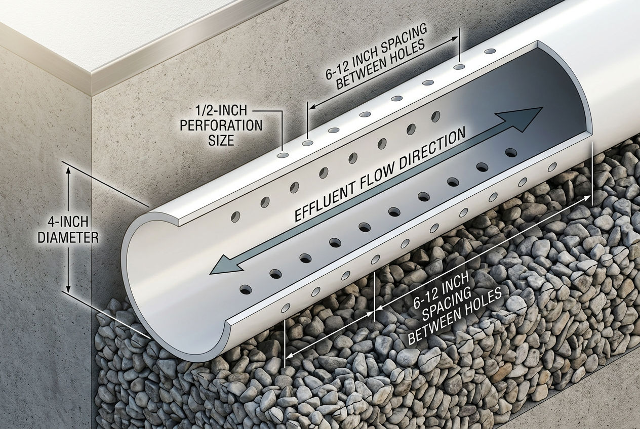 Cutaway diagram of 4-inch perforated PVC drain field pipe showing perforation size spacing and gravel bed placement