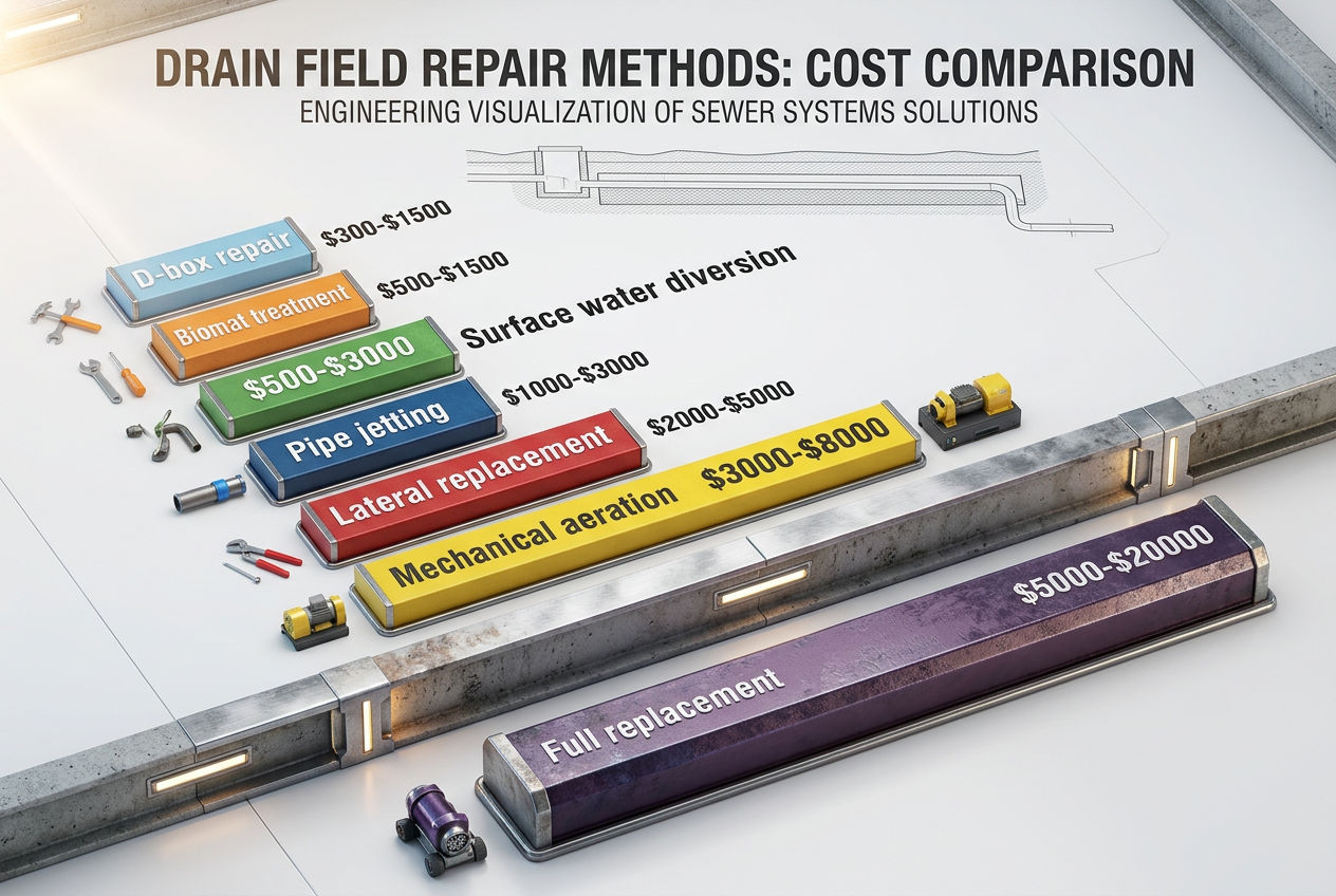 Cost comparison bar chart of six drain field repair methods from D-box repair at 300 dollars to full replacement at 20000 dollars