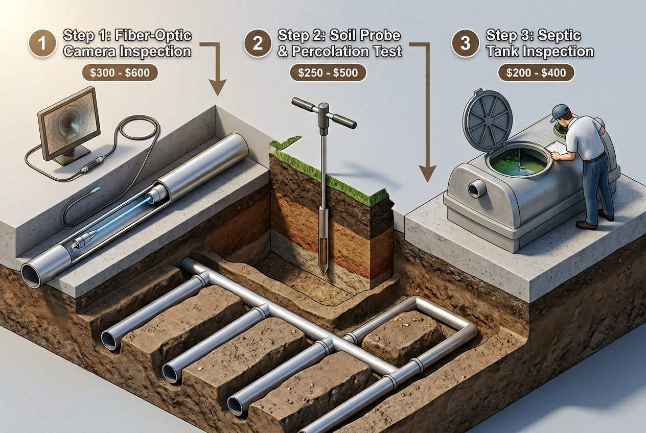 Three-step drain field diagnostic process showing camera inspection soil probe and tank inspection with cost ranges