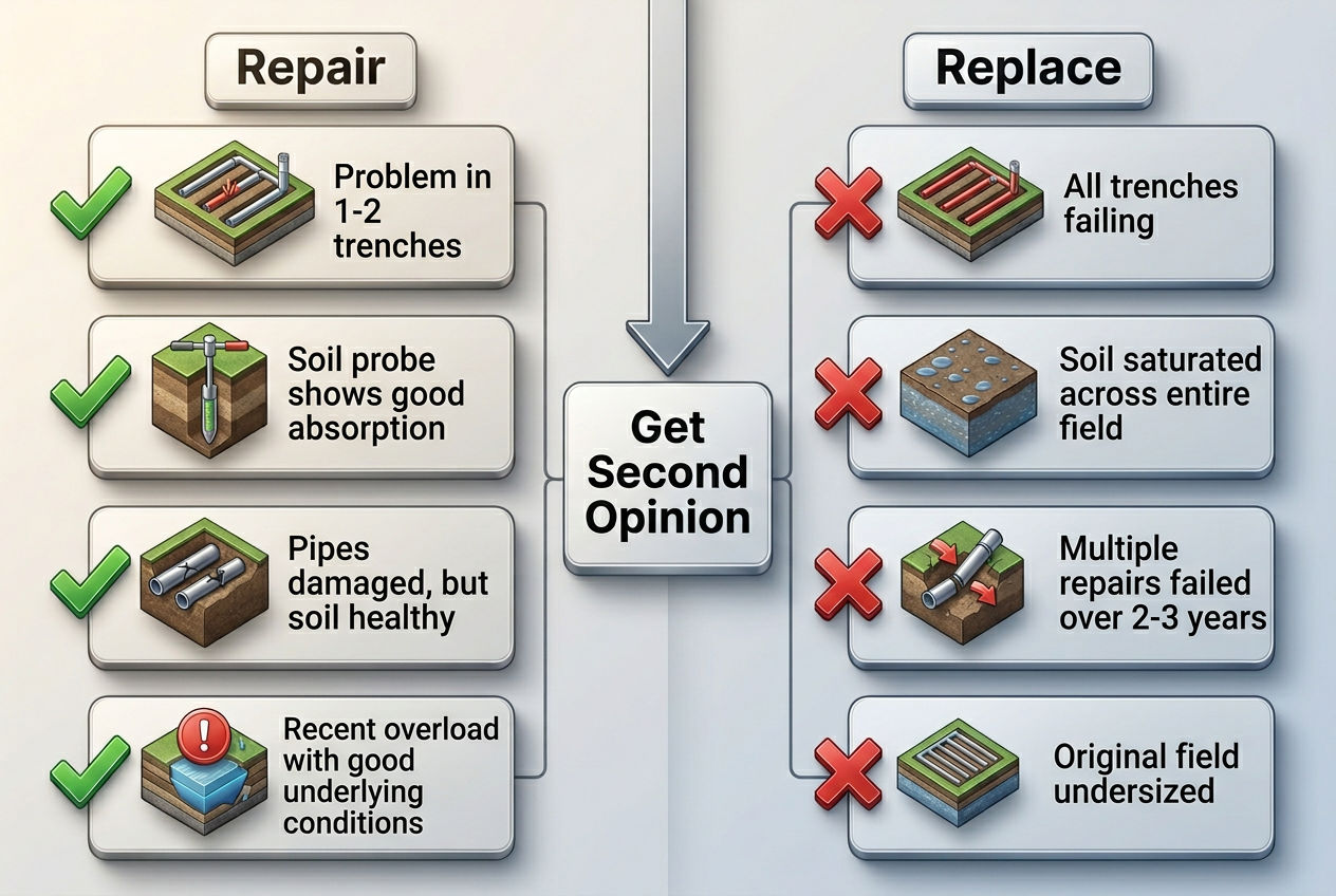 Decision guide showing when to repair versus replace a drain field based on failure scope and soil condition