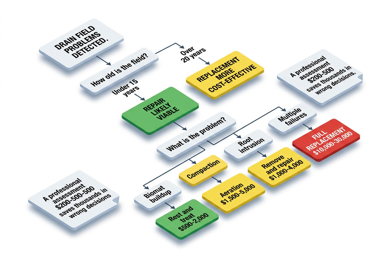 3D decision flowchart for choosing between drain field repair and replacement based on age and problem type