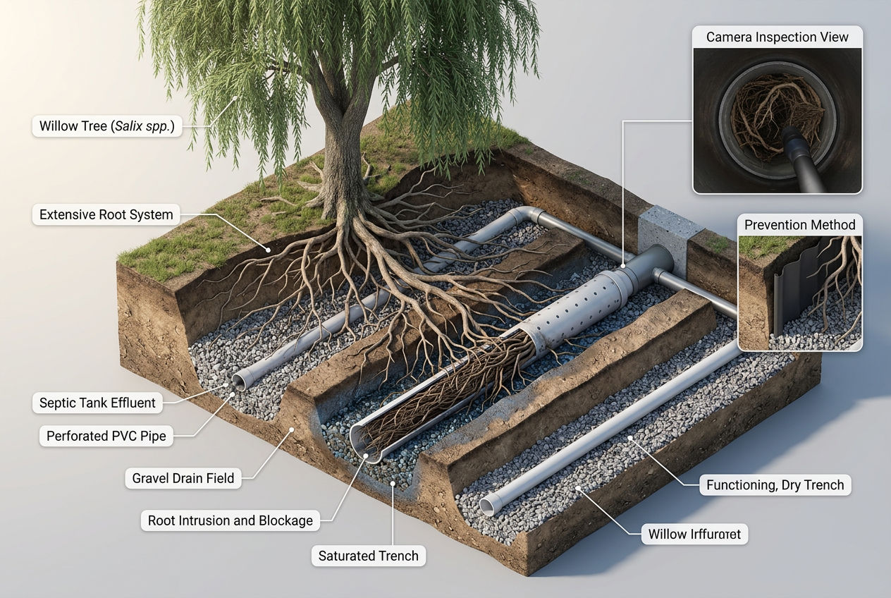 Tree root intrusion into drain field pipe showing root mass blocking flow with camera view and root barrier prevention