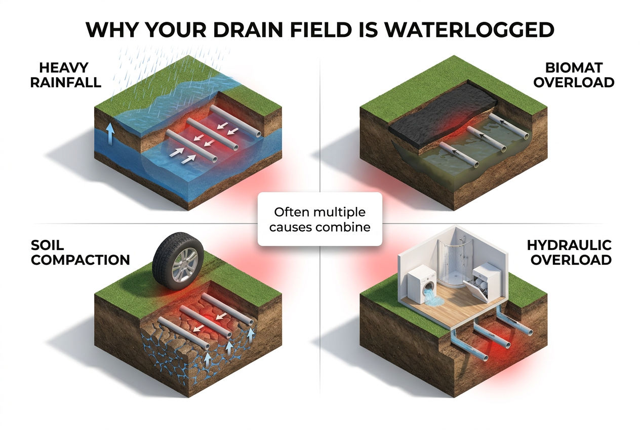 Four 3D diagrams showing causes of drain field saturation: rainfall, biomat overload, compaction, and hydraulic overload