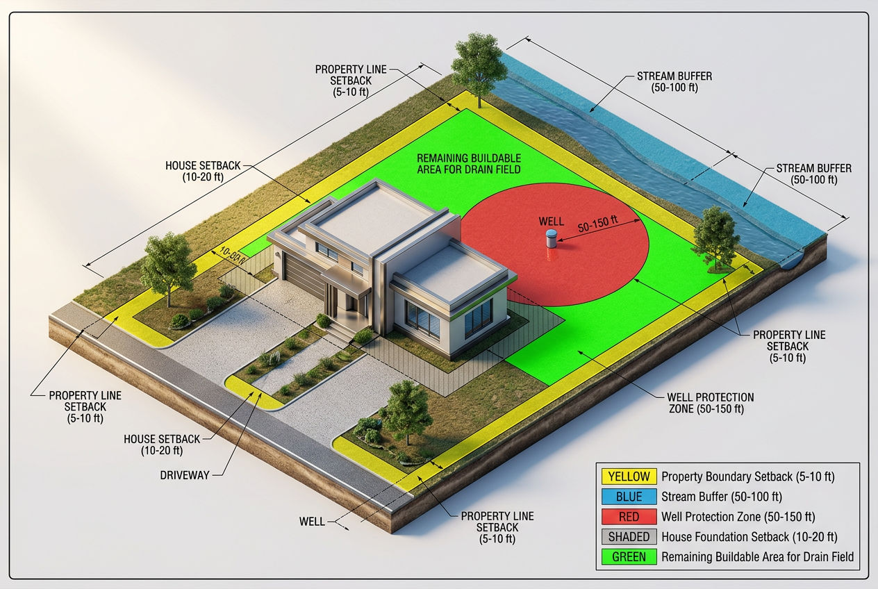 Property diagram showing drain field setback zones from well house property lines and water features with buildable area highlighted
