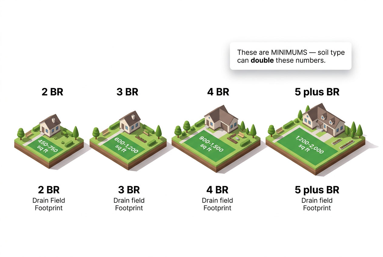 3D progressive visualization showing drain field size requirements increasing with bedroom count