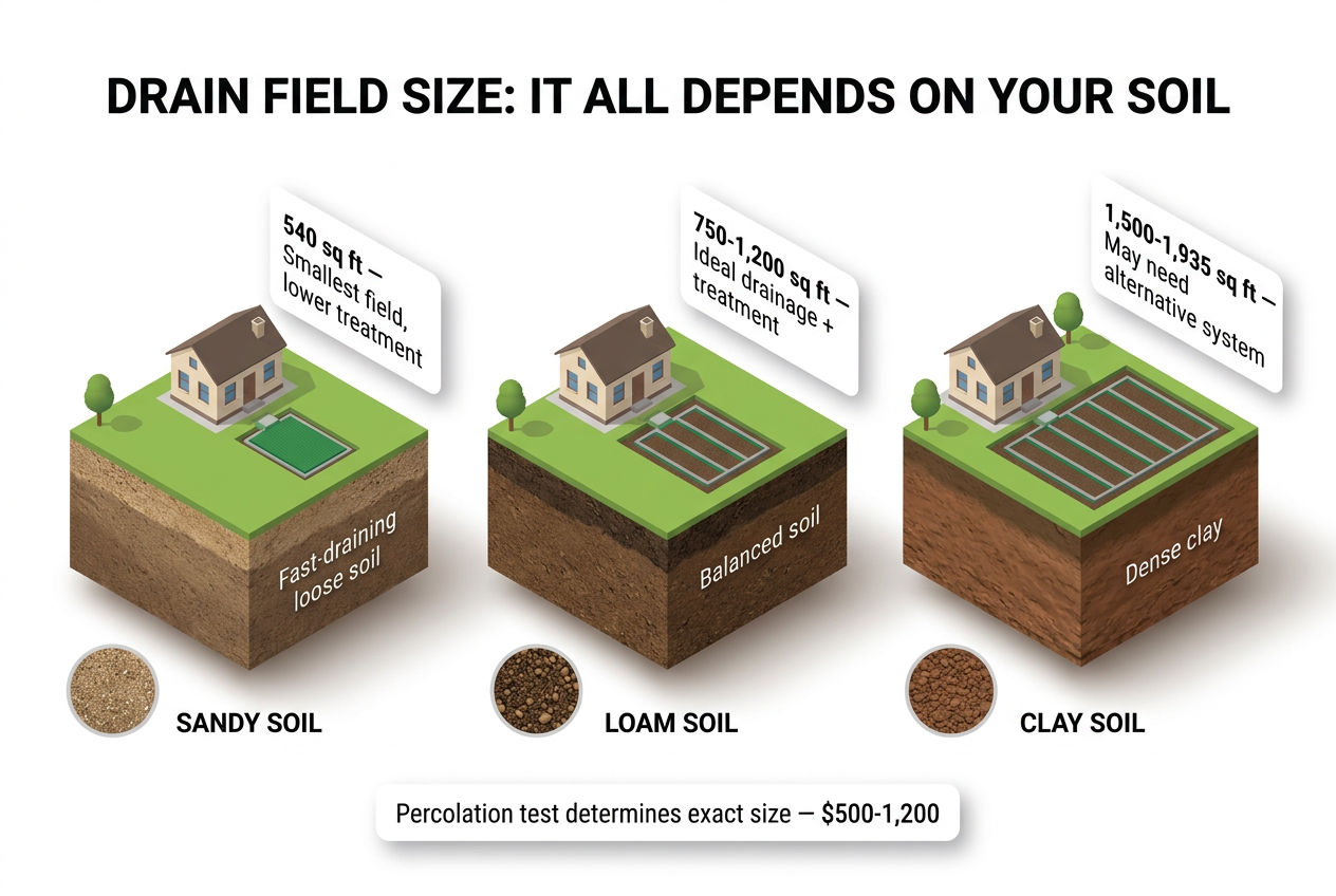 3D comparison showing drain field square footage requirements for sandy, loam, and clay soil types