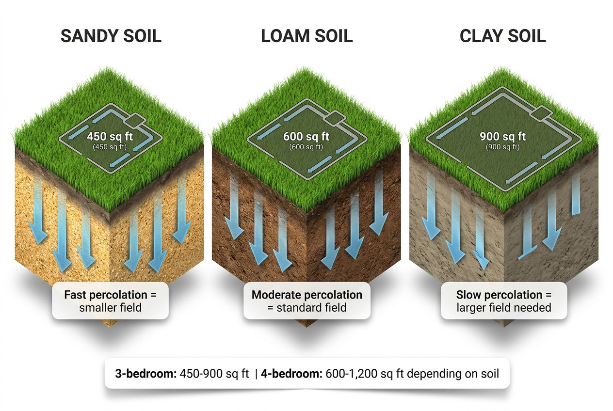 3D isometric comparison of drain field size requirements for sandy, loam, and clay soil types with square footage ranges