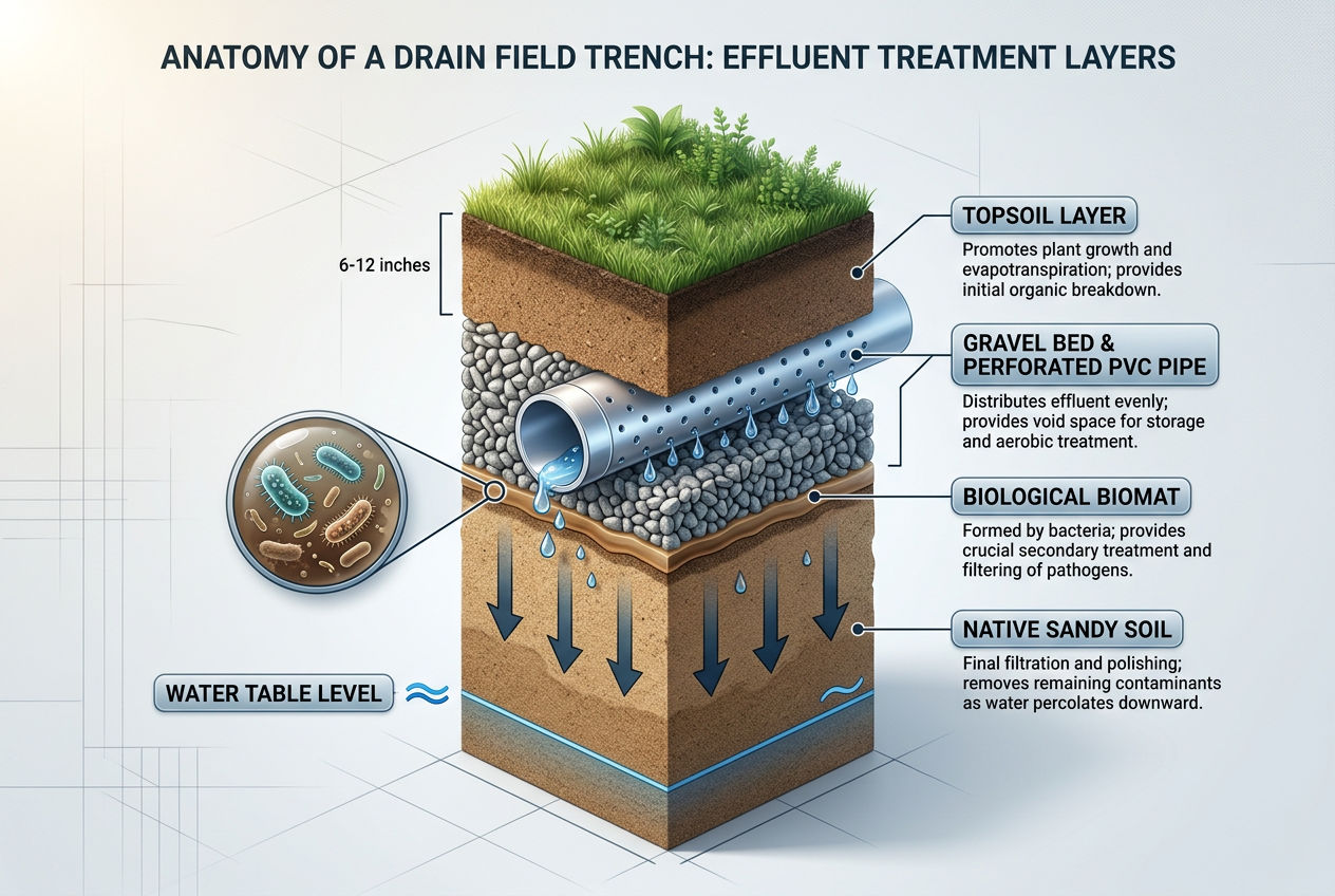 Drain field cross-section diagram showing perforated pipe gravel biomat layer soil filtration and treatment stages