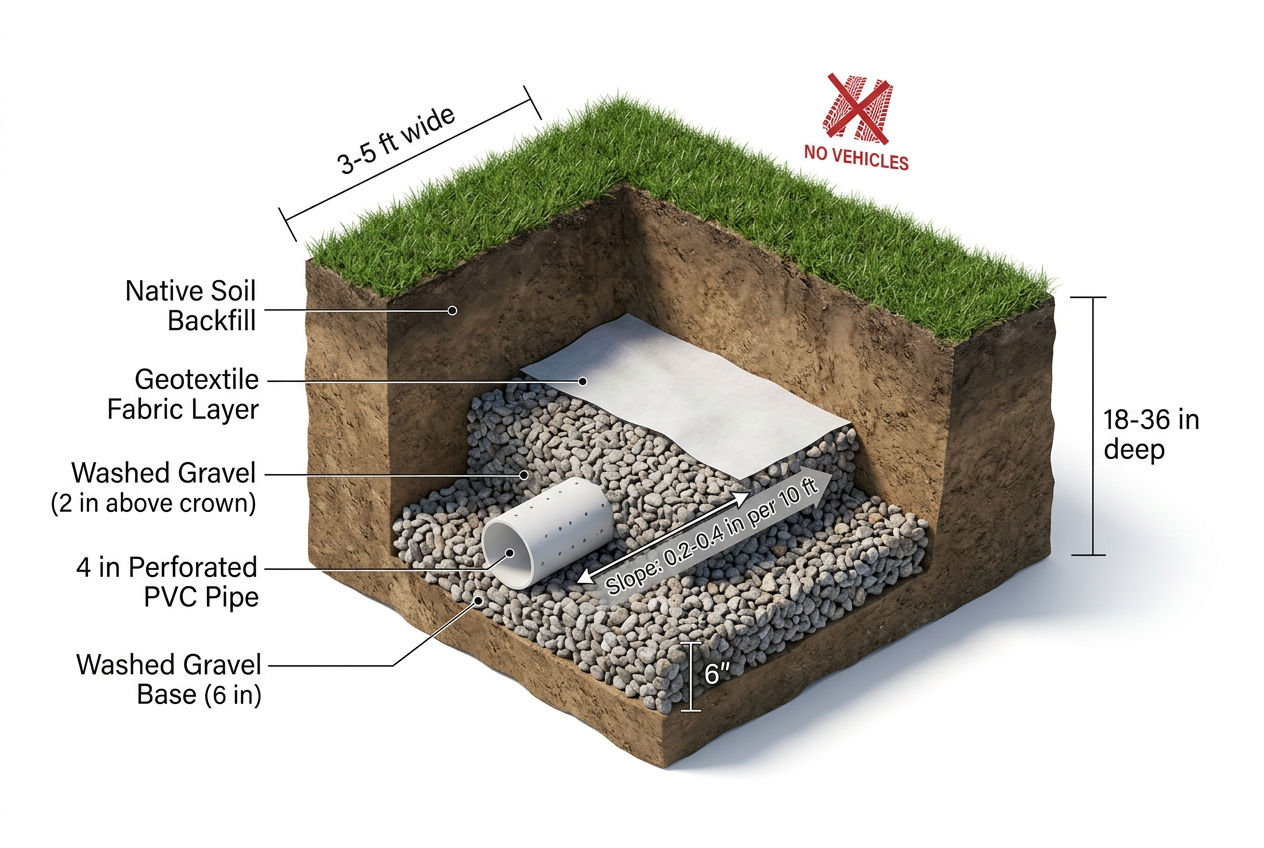 3D construction detail of drain field trench showing gravel layers, pipe placement, fabric, and dimensions