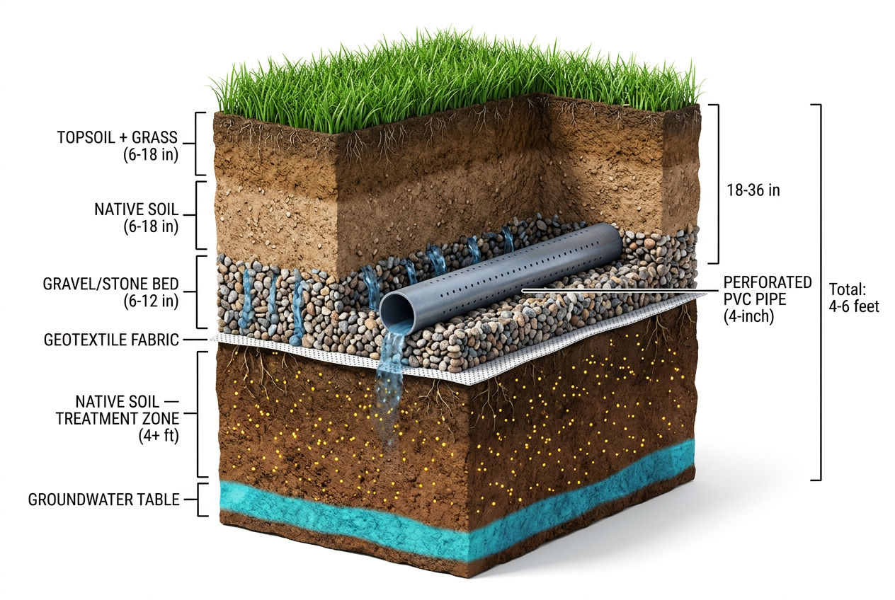 3D cross-section showing drain field trench layers from topsoil through gravel, perforated pipe, soil treatment zone to groundwater