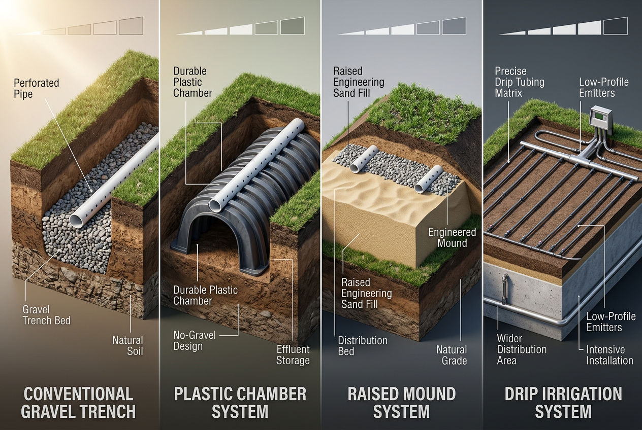 3D cross-sections of four drain field types: conventional gravel, chamber, mound, and drip irrigation arranged by complexity