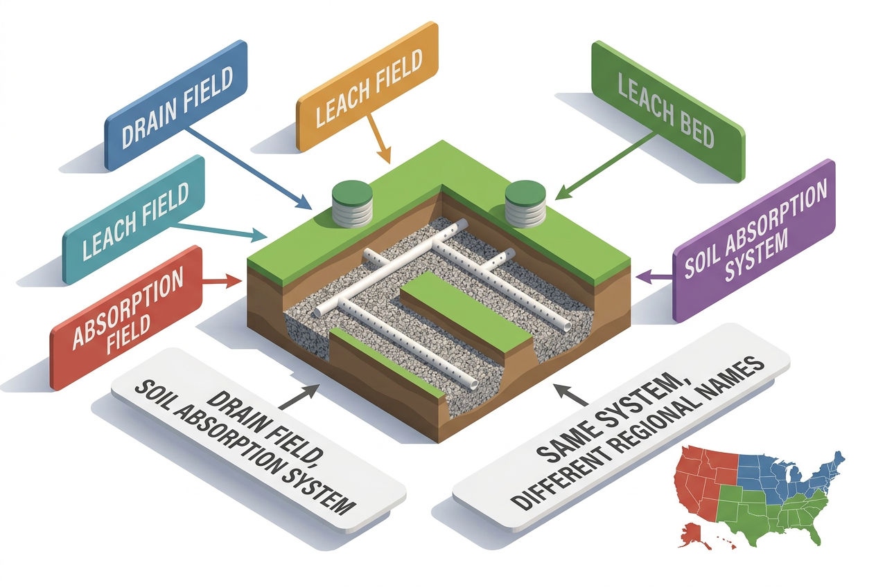 3D infographic showing drain field and leach field are the same system with regional name variations