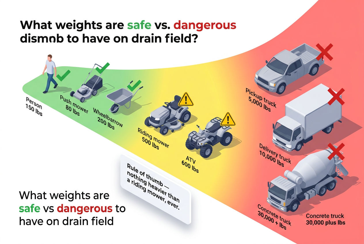 3D visual scale showing safe versus dangerous weights on a drain field from pedestrians to heavy vehicles