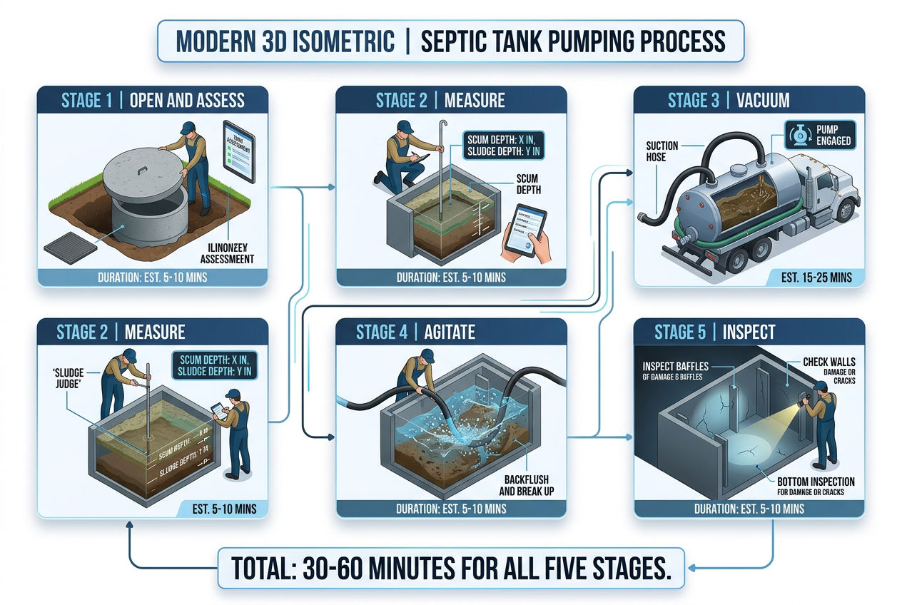 3D five-stage process showing what happens during septic tank pumping from opening to final inspection
