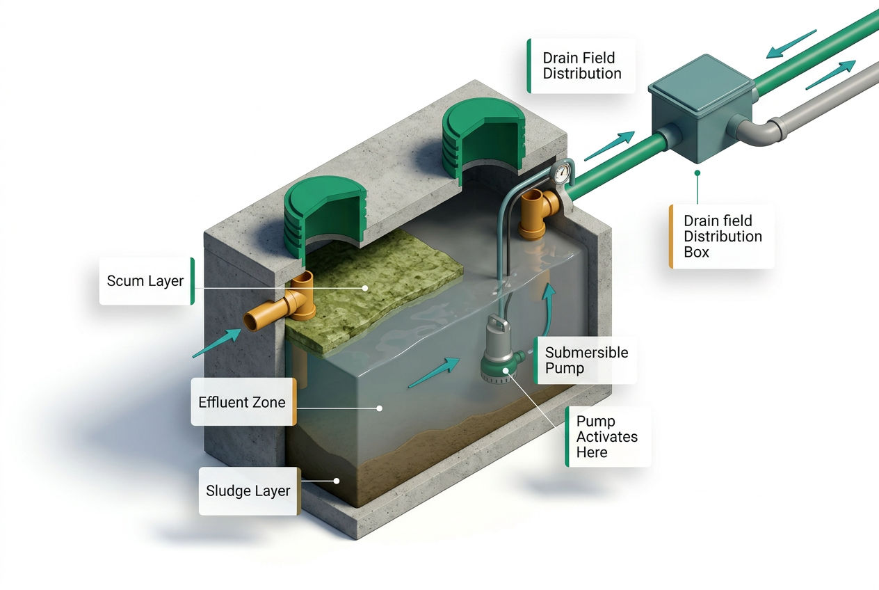 3D isometric cutaway of a septic tank showing effluent pump moving clarified wastewater from tank to drain field with flow arrows.