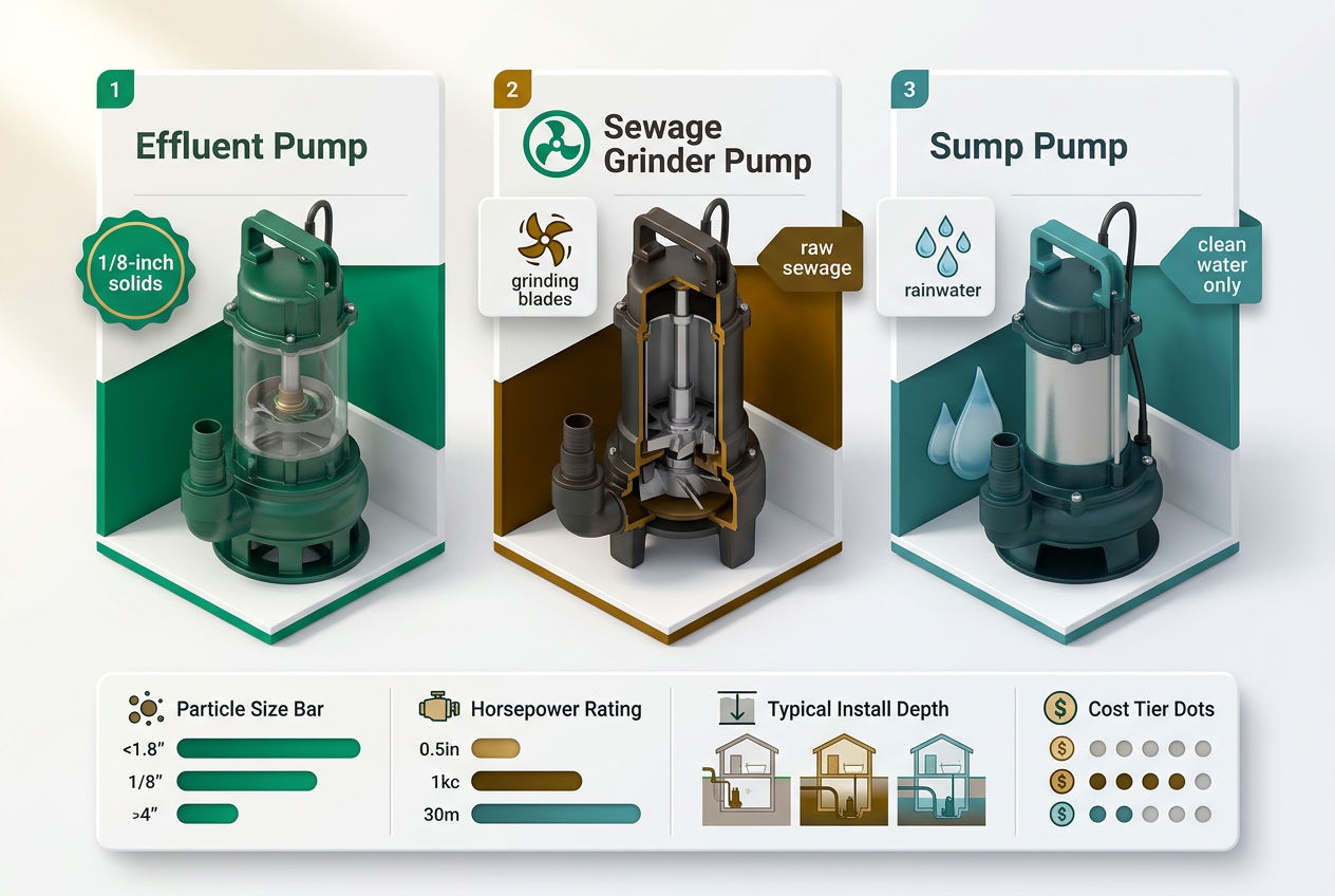 Side-by-side 3D comparison panels of effluent pump, sewage grinder pump, and sump pump showing particle size tolerance and use case icons.