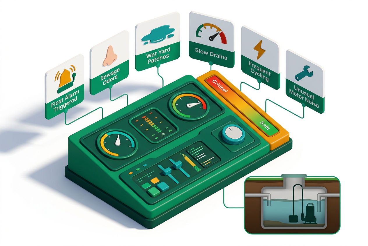 Isometric diagnostic dashboard showing six warning signs of a failing effluent pump with amber alert icons and severity meter.