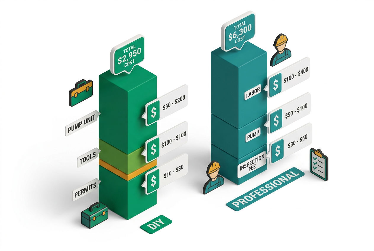3D isometric cost breakdown bar chart comparing effluent pump DIY vs professional replacement costs with itemized floating expense cards.