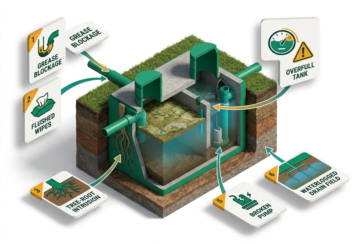 3D isometric cutaway showing 6 labeled septic emergency causes: grease buildup, flushed solids, root intrusion, tank overflow, pump failure, soil satu