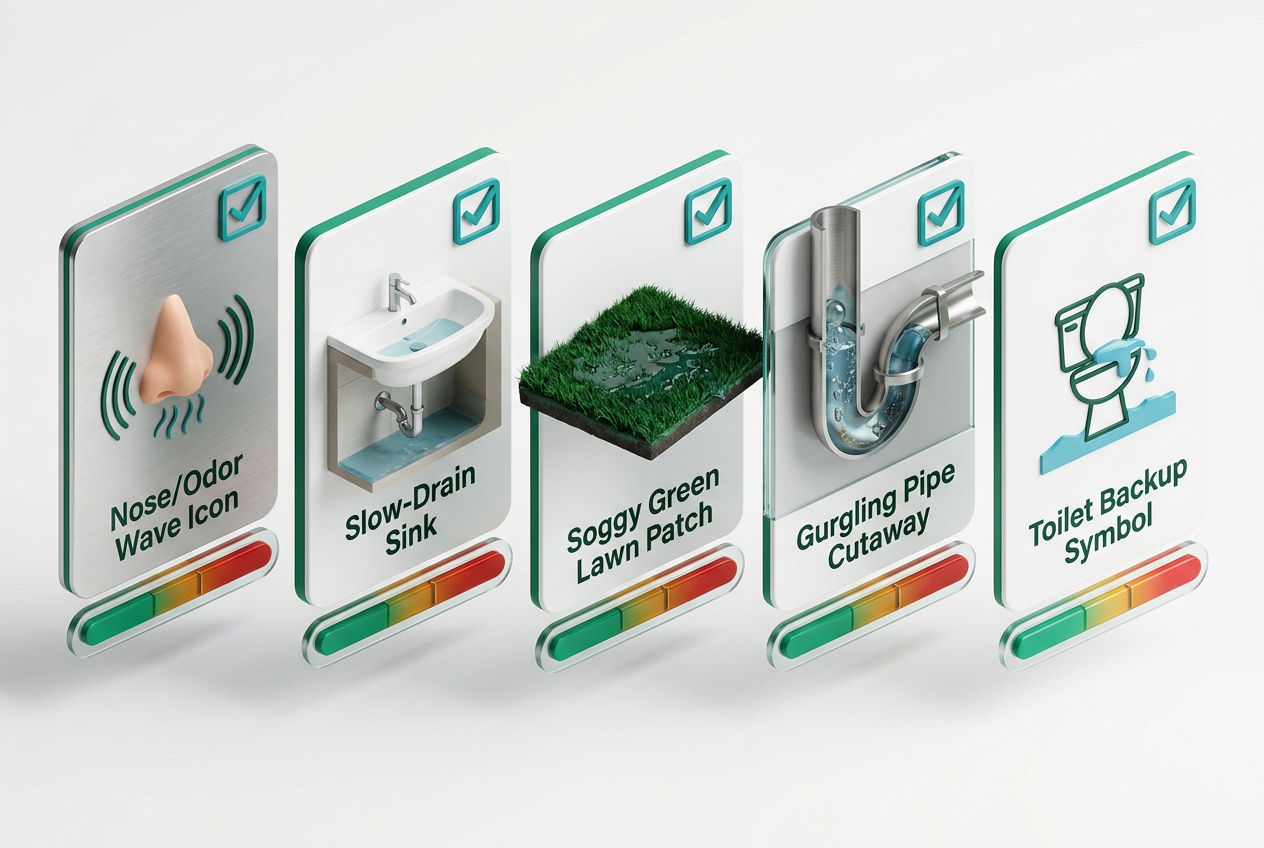 Isometric dashboard with 5 septic emergency warning signs: sewage odor, slow drains, wet yard patches, gurgling pipes, and sewage backup indicators.