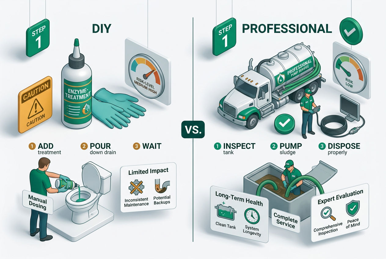 Split-panel isometric comparison of DIY septic fixes versus professional truck pump-out, showing tools, steps, risk levels, and cost ranges side by si