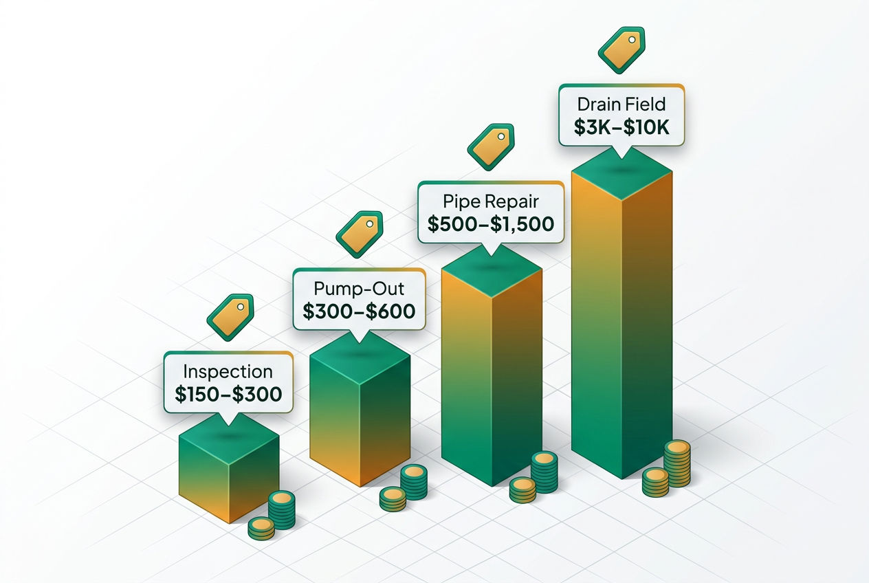 Isometric bar chart comparing emergency septic service costs: pump-out, repairs, drain field replacement, and inspection fees with floating price-rang
