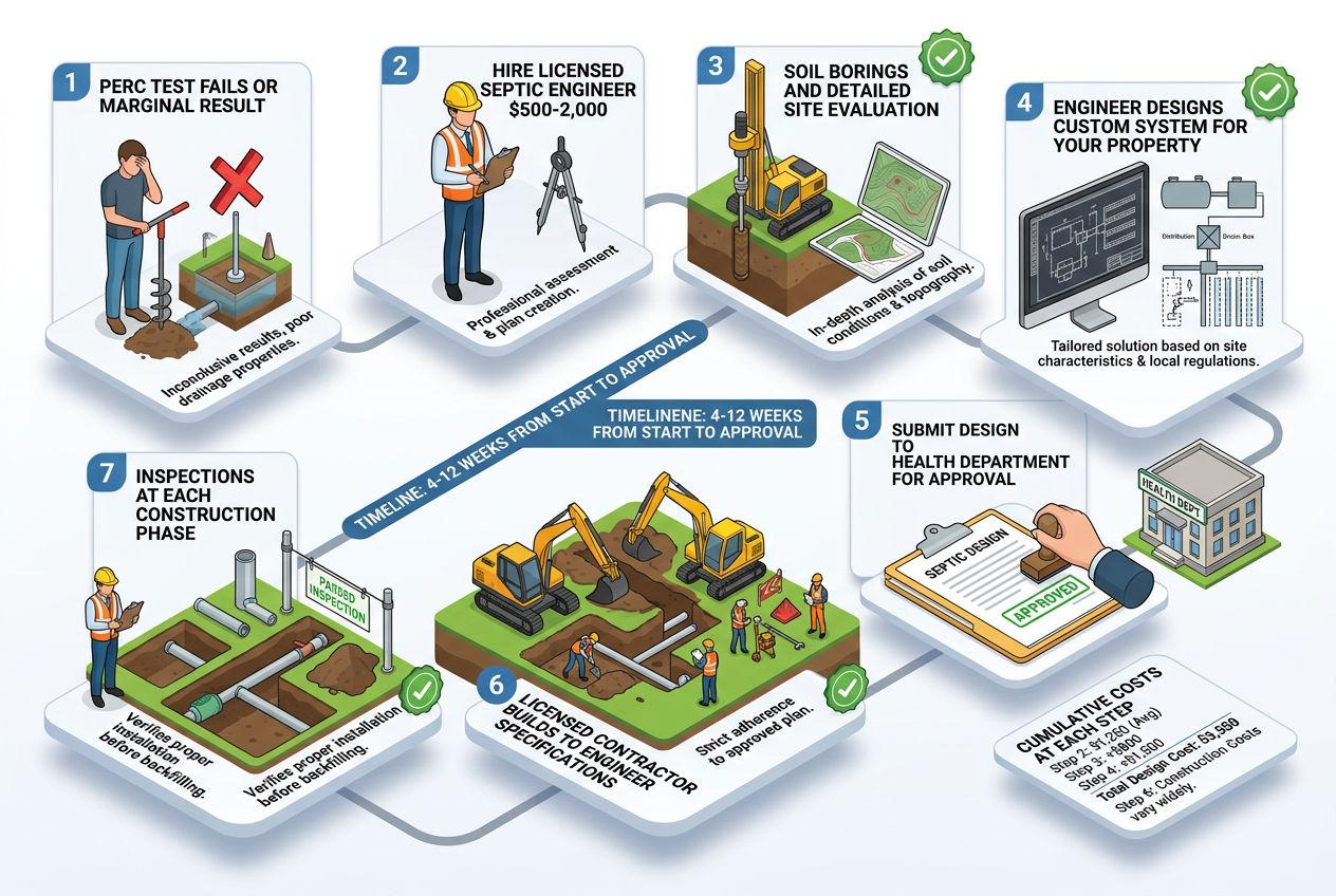 3D flowchart showing the seven-step process for designing and installing an engineered septic system