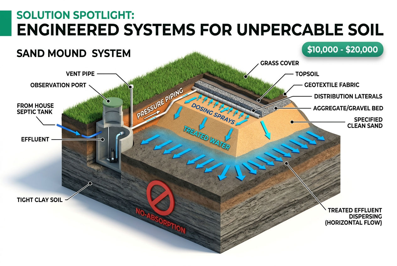 3D cross-section of a mound system solving a failed perc test on clay soil