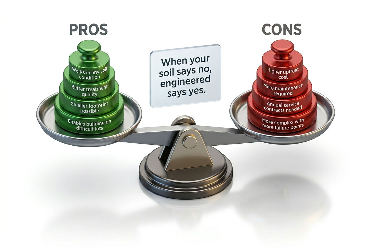 3D balance scale weighing pros and cons of engineered septic systems