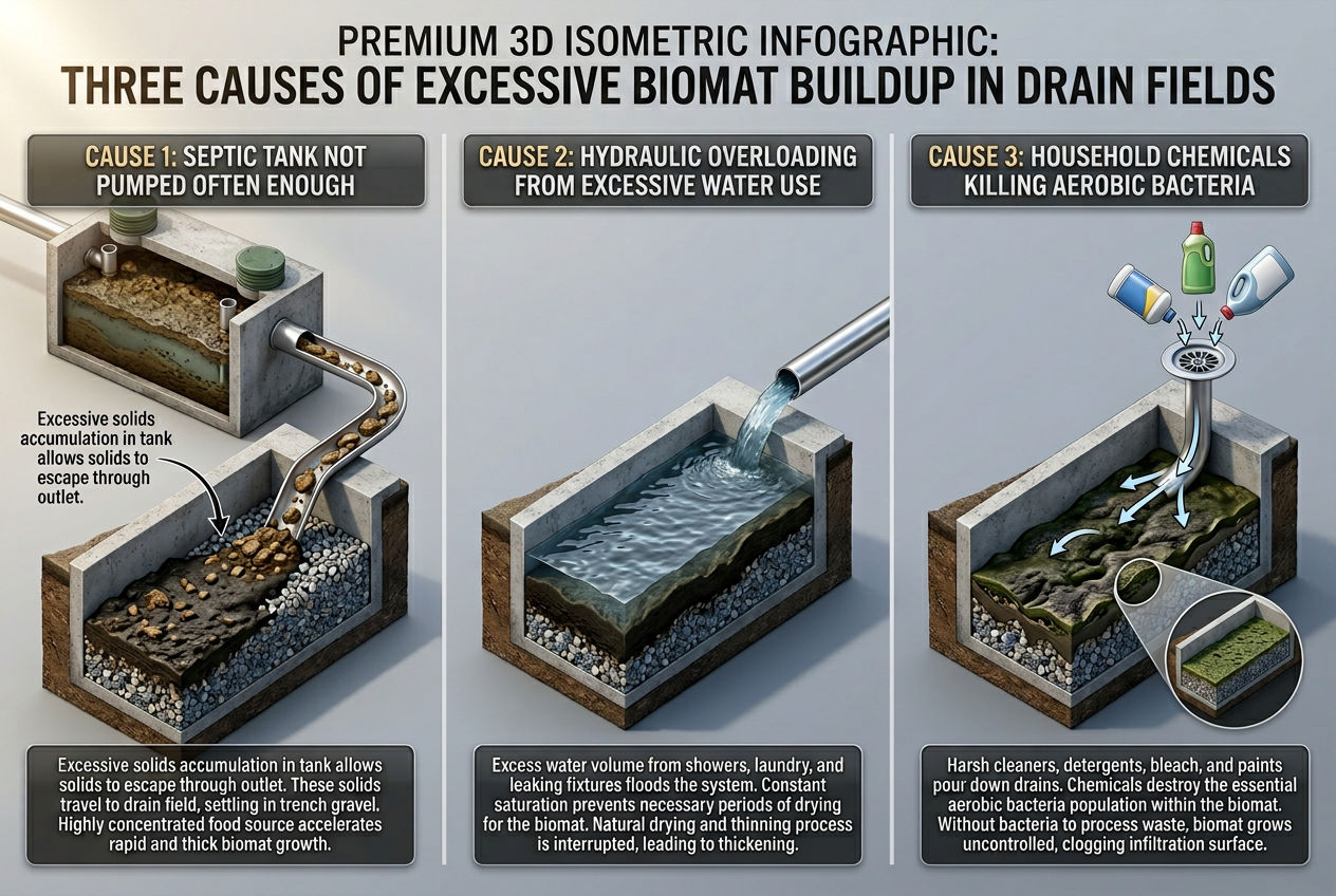 3D three drain field cross-sections showing causes of excessive biomat: escaped solids, hydraulic overload, and chemical damage
