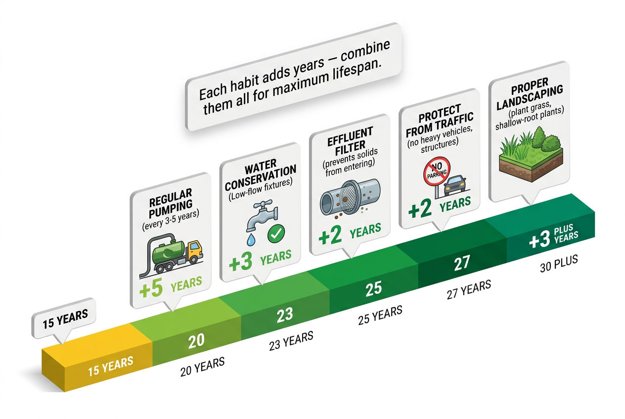 3D timeline showing how maintenance actions progressively extend drain field lifespan from 15 to 30 plus years