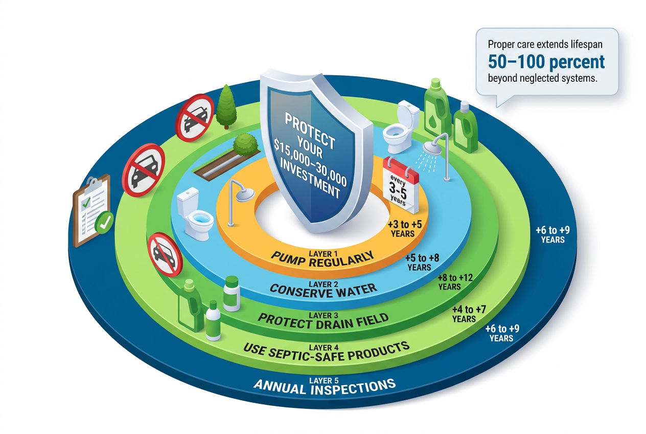 3D shield diagram showing five protective actions that extend septic system lifespan