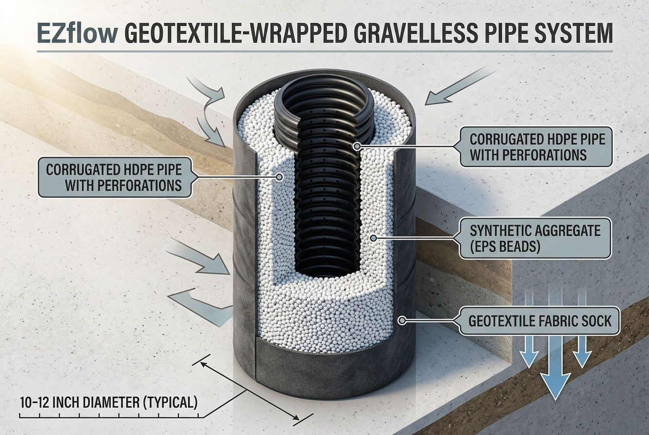 Cutaway diagram of EZflow geotextile-wrapped gravelless pipe showing corrugated HDPE pipe synthetic aggregate and fabric layers