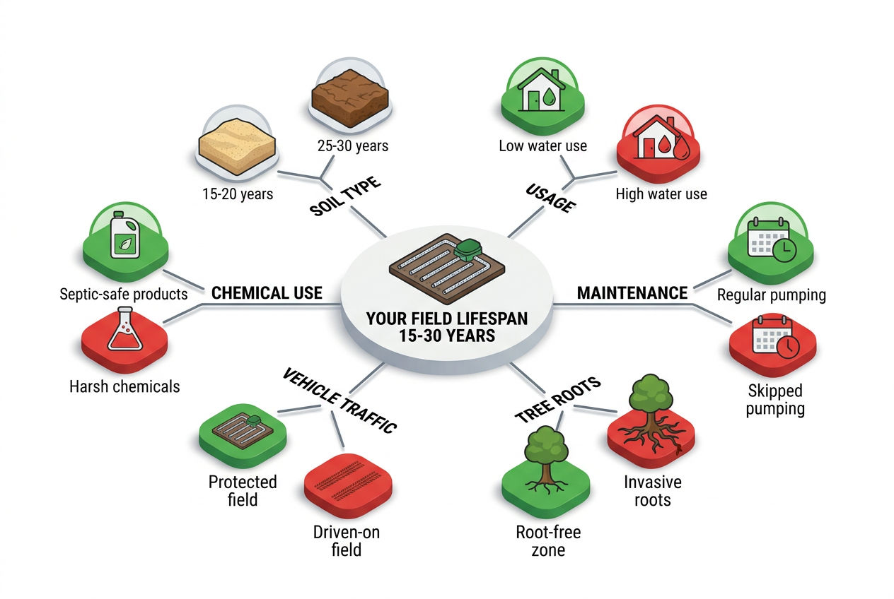 3D radial diagram showing six factors that affect drain field longevity from soil type to chemical use