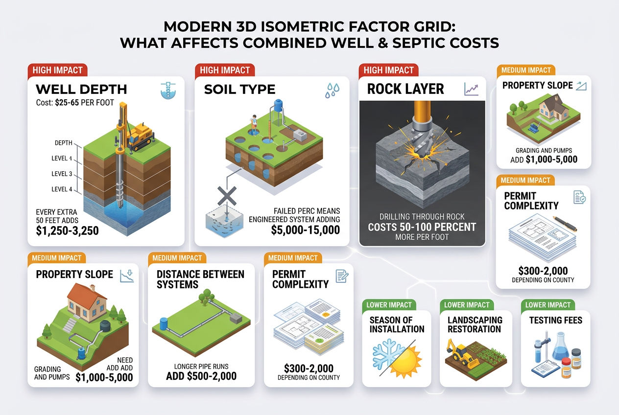 3D weighted factor grid showing what drives combined well and septic installation costs