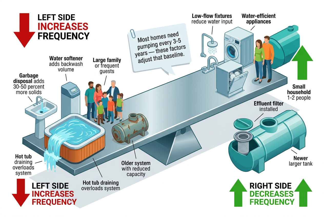 3D balance beam showing factors that increase or decrease septic system service frequency