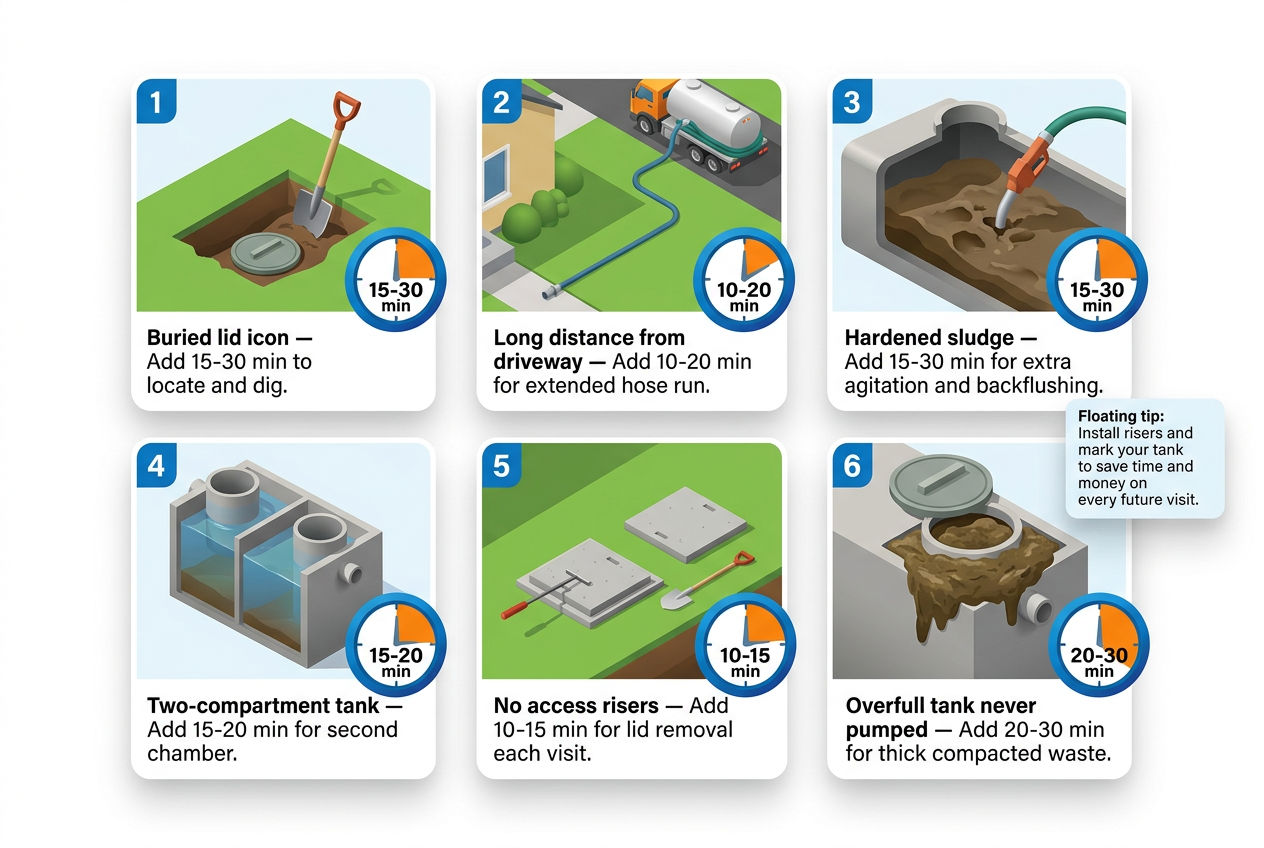 3D six-factor grid showing conditions that increase septic pumping time from buried lids to hardened sludge