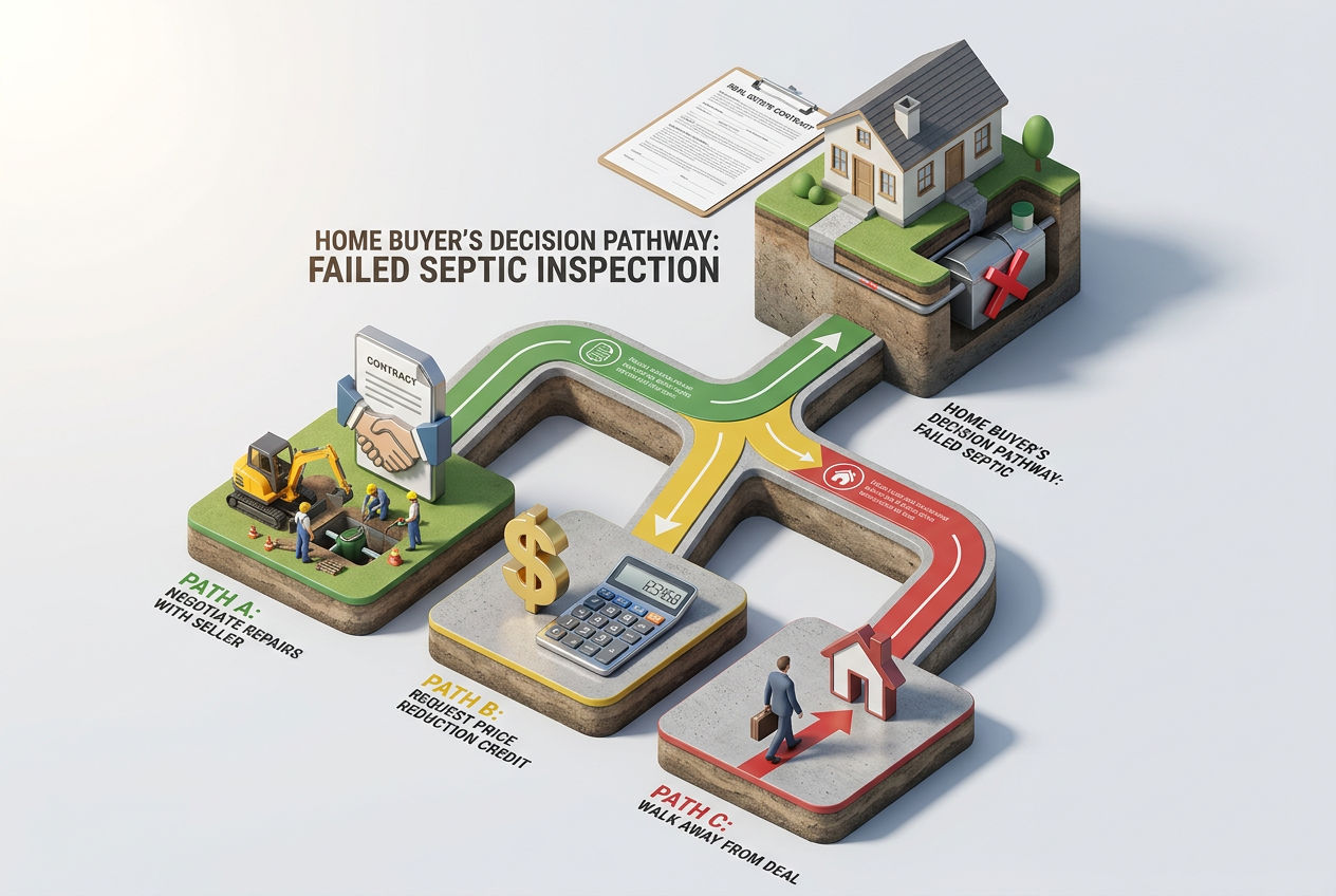3D decision pathway showing three options after failed septic inspection: negotiate repairs, price credit, or walk away