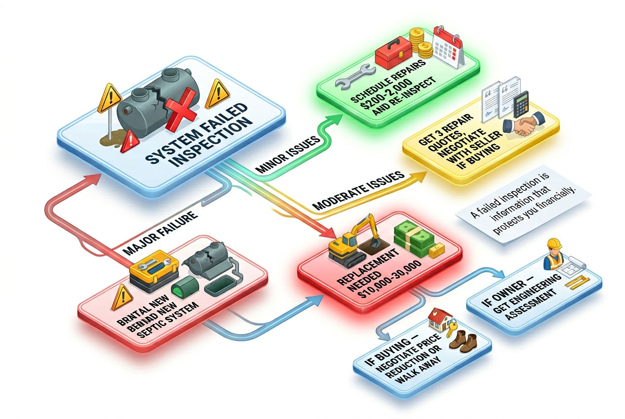 3D decision flowchart showing next steps after a failed septic inspection from minor repairs to replacement