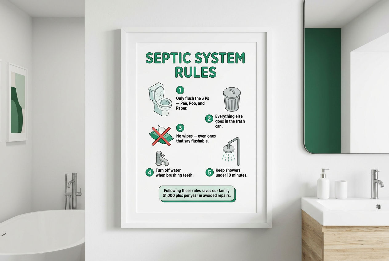 3D kid-friendly bathroom poster showing five simple septic system rules for families